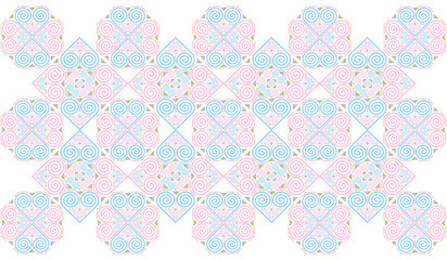 The Hmong ethnic fabric pattern is a spiral line pattern that intertwines in the shape of a heart, which is a unique symbol of the Hmong ethnic group. It can be used to design clothes, bags, and other