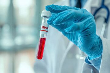 Doctor wearing medical gloves holding a blood tube with positive Monkeypox - Mpox virus Blood. text "Mpox".