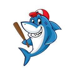 Cartoon shark wearing a baseball cap and holding a bat. Perfect for sports logos, children's books, and merchandise.