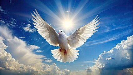 Obraz premium A White Dove With Outstretched Wings In Flight Against A Soft Blue Sky, Symbolizing Peace And Freedom.