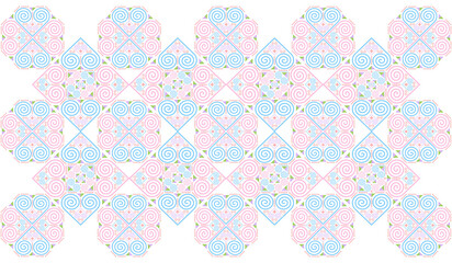 The Hmong ethnic fabric pattern is a spiral line pattern that intertwines in the shape of a heart, which is a unique symbol of the Hmong ethnic group. It can be used to design clothes, bags, and other