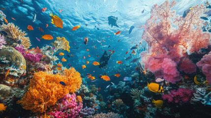 A vast underwater landscape featuring diverse marine life and colorful coral formations.