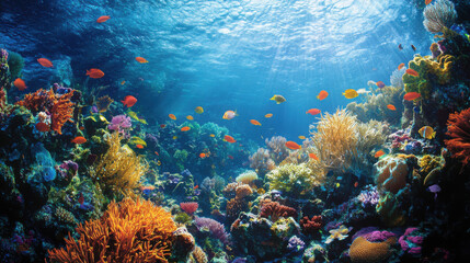 A vast underwater landscape featuring diverse marine life and colorful coral formations.