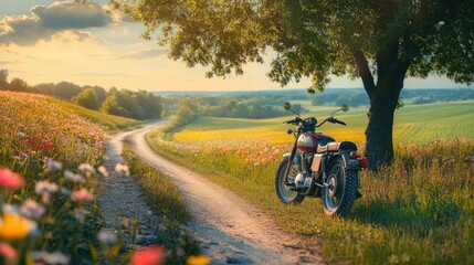 Naklejka premium A motorcycle resting under a tree beside a quiet country road, with wildflowers in bloom around it.