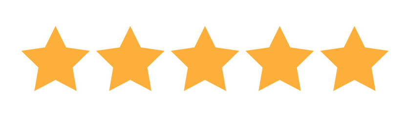 Five stars icon vector. Five stars customer product rating review flat icon for apps and websites, quality rating symbols. Five gold stars for review, rating and rank isolated on white background.