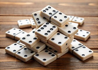 A carefully arranged stack of white dominoes with black dots on a wooden table, ready to topple over,