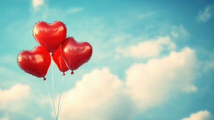 Fototapeta premium Gleaming Heart-Shaped Balloons Soaring Against a Cloudy Sky, Perfect for an Anniversary Celebration