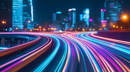 Fototapeta premium AI traffic analytics, digital visualization, urban skyline, glowing data streams