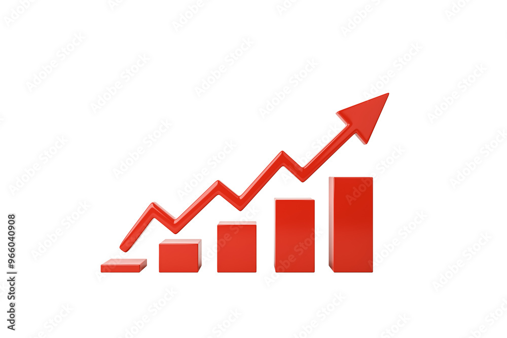 Poster Red 3D bar chart with an upward arrow. Isolated on a white background. Concept of growth, success, and progress. 3D Rendering