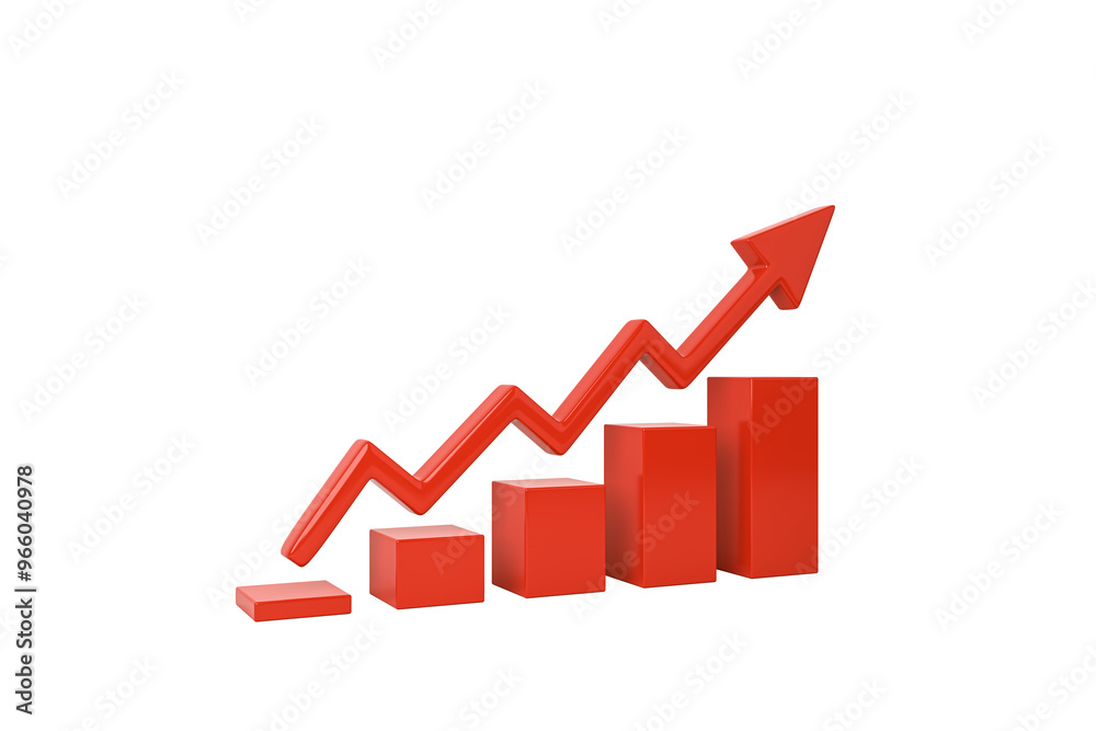Poster A red bar chart with an upward arrow on a white background. 3D Rendering. Concept of growth, success, and business improvement