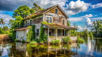 Fototapeta premium Abandoned waterfront house with peeling paint and overgrown garden, surrounded by floodwaters, highlighting renovation challenges in high-risk flood zone environments.