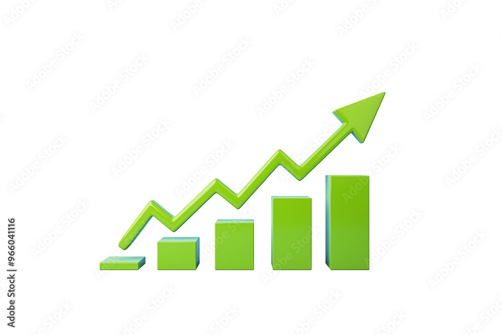 Poster Green upward trending bar chart with arrow on white background. 3D Rendering. Concept of business growth, success, and analysis