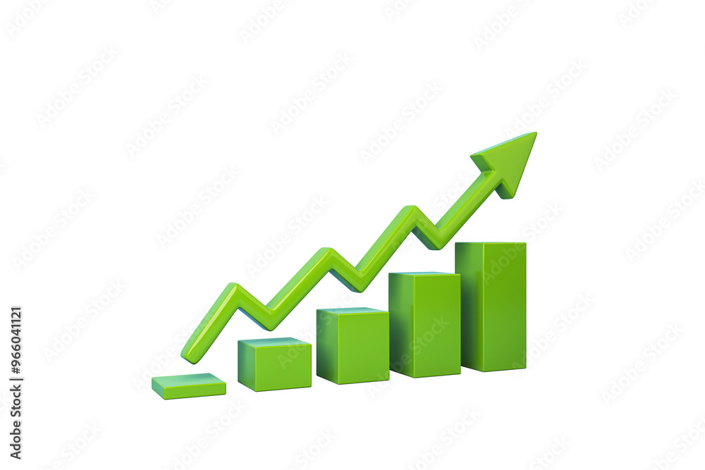 Poster Green bar graph with an upward arrow, isolated on a white background. Concept of growth and success. 3D Rendering