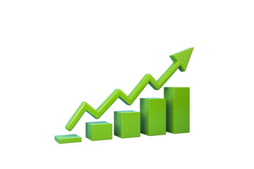 Green bar graph with an upward arrow, isolated on a white background. Concept of growth and success. 3D Rendering
