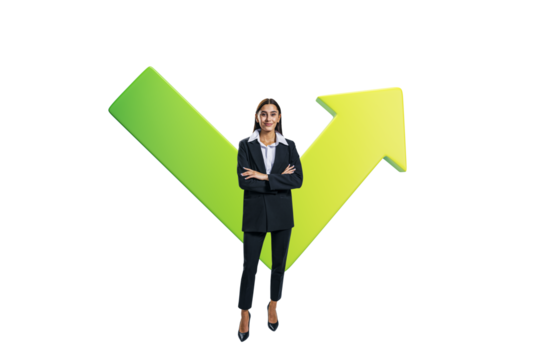 Businesswoman in a suit standing confidently with arms crossed in front of a large green checkmark and upward arrow symbol on a white background. Concept of success and growth
