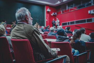 Elderly Man Engaged in Thought During a Lecture in a Conventional Hall
