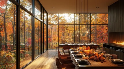 Thanksgiving dinner in a modern, minimalist home with large windows showcasing a forest a multicultural family enjoys a mix of classic and innovative dishes under warm, soft lighting
