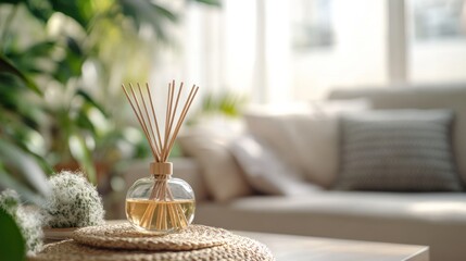 Air freshener bottle with rattan stick in living room.