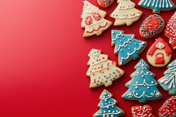Obraz premium Festive Christmas Cookies with Blue and Red Icing on a Red Background