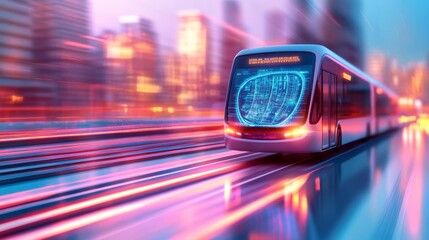 AI-driven bus rapid transit, holographic route map, modern city, clean design