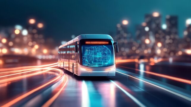 AI-driven bus rapid transit, holographic route map, modern city, clean design