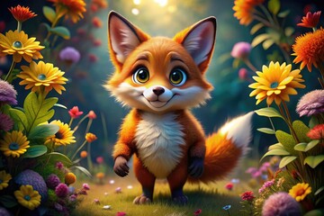 Adorable anthropomorphic fox with fluffy orange fur, big bright eyes, and a playful smile, standing on its hind legs, surrounded by colorful flowers and leaves.