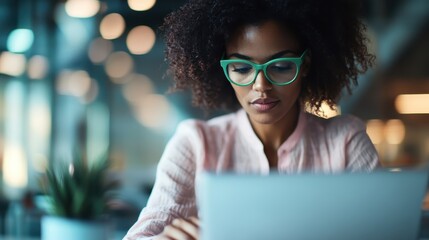 A young woman with green glasses and curly hair works diligently on her laptop in a modern office, showcasing innovation, dedication, and professional ambition.