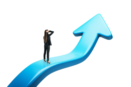 Businesswoman standing on a giant blue arrow pointing upward, isolated on a white background, concept of growth and success in business
