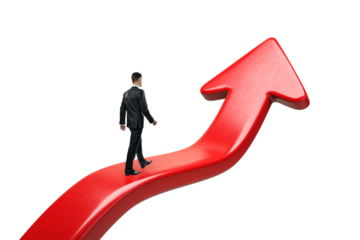 Businessman walking on a large red arrow pointing upward, against a white background. Concept of growth, success, and career progression