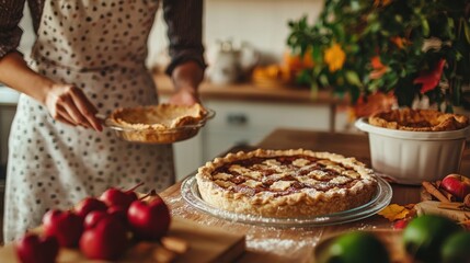 Fototapeta premium A woman with an apron bakes pies in a cozy kitchen, the countertops filled with fresh ingredients, the scent of cinnamon and nutmeg wafting through the air, autumn leaves visible outside