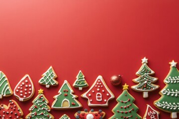 Decorated Christmas Cookies on a Red Background