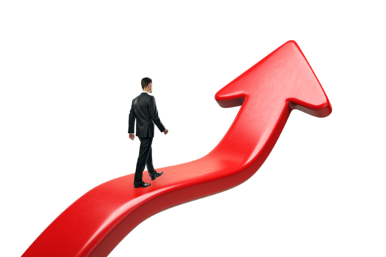 Businessman walking on a large red arrow pointing upward, against a white background. Concept of growth, success, and career progression