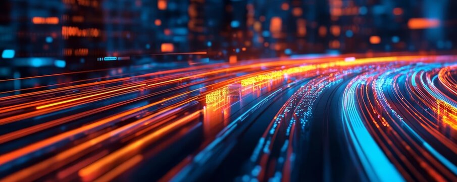 AI-driven transport analytics, digital data visualization, city background, neon glow