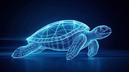 A futuristic blue holographic turtle gliding through a digital space, showcasing modern technology and aquatic life.