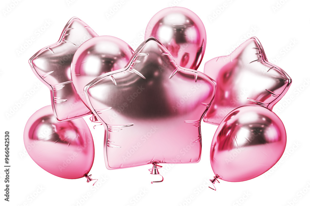 Poster pink star and round balloons arranged on a clean white background, isolated. festive and celebratory