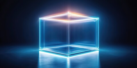 Fototapeta premium A glowing, transparent cube on a dark surface, illuminated by colorful lights, creating a futuristic and abstract atmosphere.