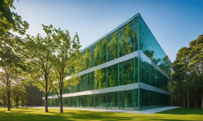 Obraz premium A modern glass building with trees reflected in the windows sits on a grassy lawn