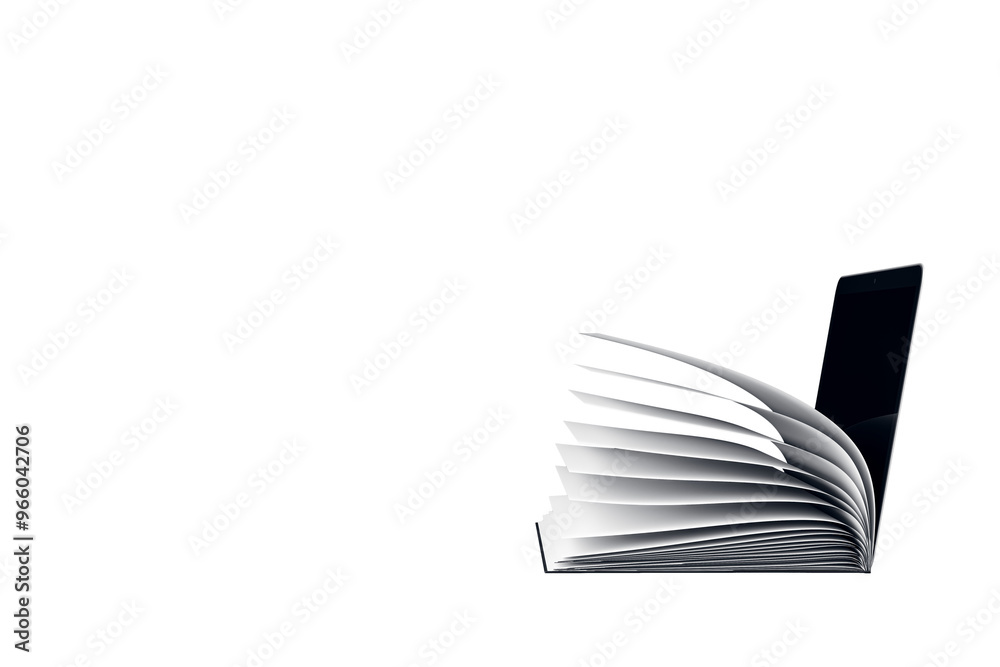 Aufkleber Open book with pages blending into a tablet, isolated on a white background. Represents the concept of digital reading and technology. 3D Rendering