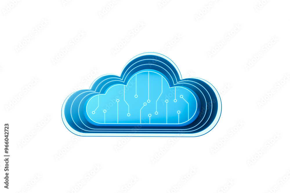 Aufkleber 3D rendering of a blue cloud computing icon with circuit patterns, isolated on a white background. Concept of cloud technology