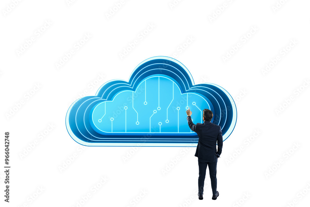 Poster a businessman in a suit interacts with a digital blue cloud symbol on a white background. concept of