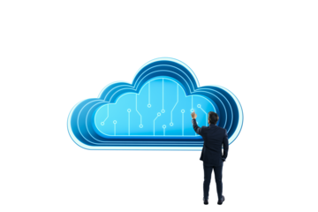 A businessman in a suit interacts with a digital blue cloud symbol on a white background. Concept of cloud computing and technology