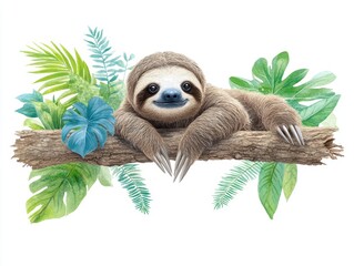 Obraz premium A charming sloth resting on a branch surrounded by vibrant tropical leaves, perfect for nature lovers and wildlife enthusiasts.