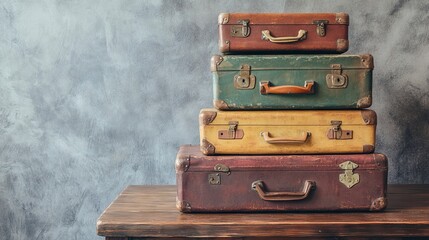 Vintage Suitcases on Wooden Table - AI generated illustration