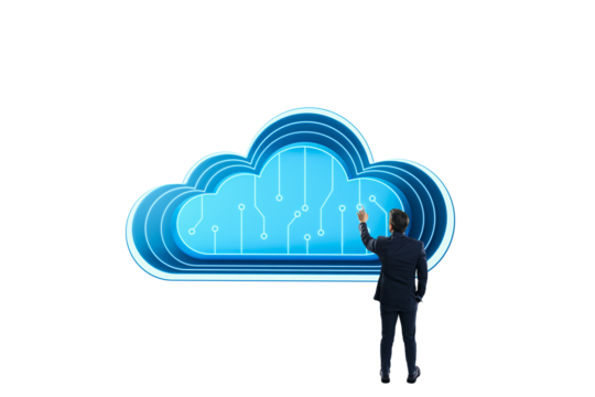 A businessman in a suit interacts with a digital blue cloud symbol on a white background. Concept of cloud computing and technology