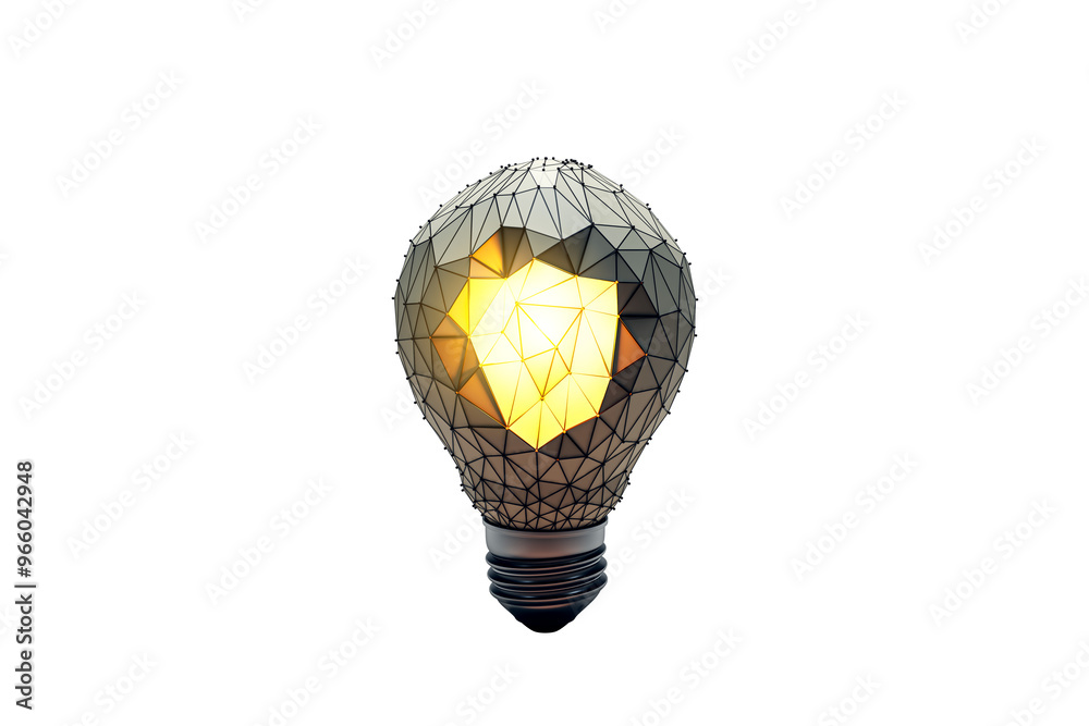 Poster Geometric light bulb with an illuminated center, isolated on a white background. 3D Rendering. Concept of innovation and creativity