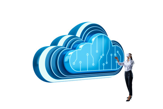 Woman wearing VR headset interacts with large glowing blue cloud icon on white background. Concept of cloud computing technology