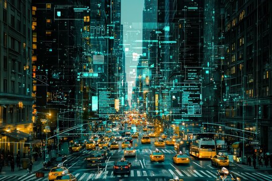 Traffic in downtown New York conceptualized with integrated cyber information