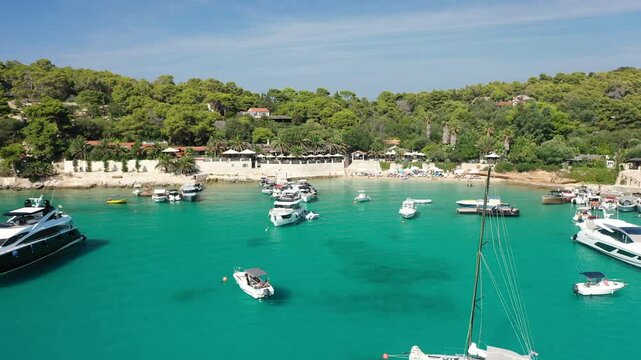 Summer Drone View of Vinogradi&scaron;će Bay, Pakleni Islands - Boats Anchored Near Palmižana