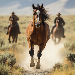 Fototapeta premium Wild horse escapes cowboys chasing him