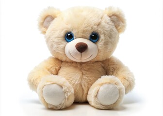 Adorable plush teddy bear with bright blue eyes, soft cream fur, and a sweet smiling face, sitting on a white background with a subtle shadow effect.